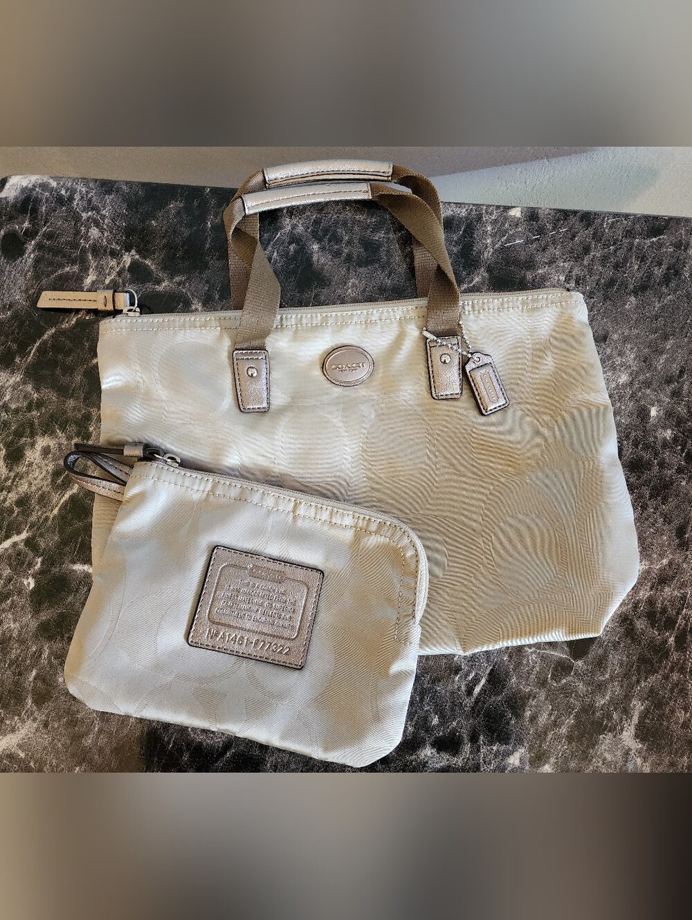 Coach Cream Jacquard Sateen Travel Tote with Pouch
